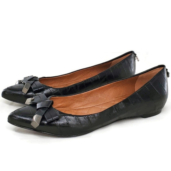 Vince Camuto Shoes - Vince Camuto Graci Black Leather Croc Embossed Point-Toe Slip-On Bow Top Flats